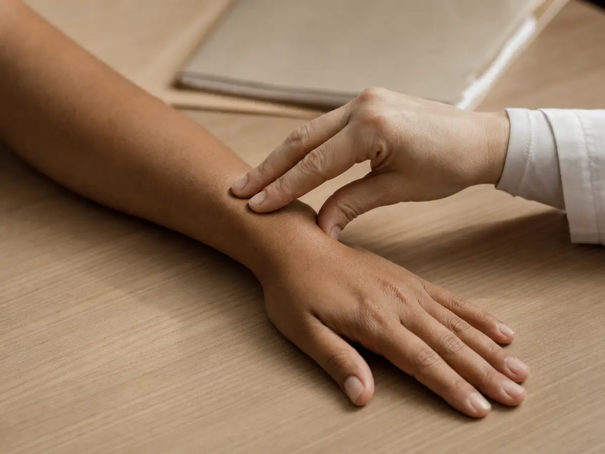 médica examina a articulação do punho de uma paciente com as duas mãos, sob a luz da mesa do consultório